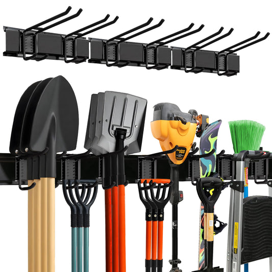 TIDYME Garage Wall Organizer | 48" Heavy-Duty Tool Storage Rack | Adjustable Double-Layer Hooks | 300 lbs Capacity | Carbon Steel Wall Mount Holder for Shovels, Rakes, Ladders & Power Tools