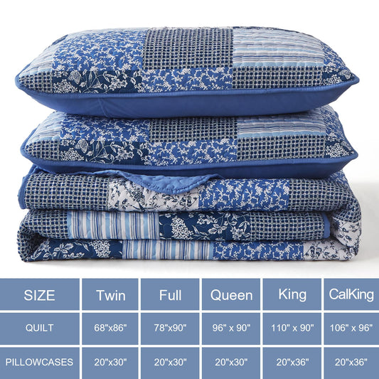 Mybedsoul Blue Boho Quilt Set Queen Size,3 Pieces Plaid Floral Bedspread Coverlet Set for All Season,Patchwork Reversible Bedding Set Queen 90"x96"