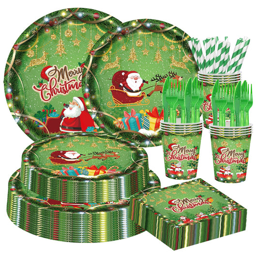 168PCS Christmas Plates and Napkins, Cartoon Santa Claus Snowman Christmas Disposable Dinnerware Set Party Supplies, Green Holiday Paper Plates Napkins Cups Cutlery for Xmas Serves 24