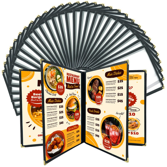 FLKQC Menu Covers 8.5 x 11 | Pack of 30 Restaurant Recipe Menu Covers Transparent Restaurant Menu Covers for Kitchen, Drink, Wine Menu Covers Black (8.5"x 11" (4 Pages, 8 View))