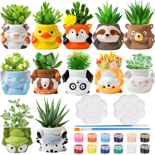 Chuangdi 12 Sets Ceramics to Paint 12 Style DIY Ceramic Succulent Planter Pots Unpainted Bisque Flower Pots Paintable Craft with Drainage Hole, Paints, Brushes, Palettes