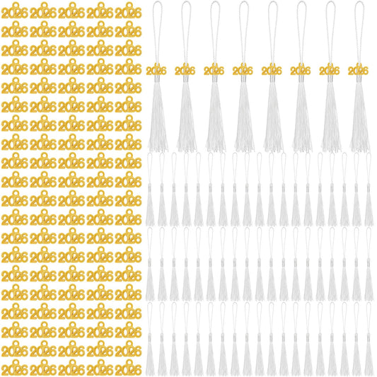 Cindeer 100 Pcs Mini Graduation Tassels with 100 Pcs 2026 Tassel Charms for Crafts Mini Silky Bookmark for Graduation Cap Keychain Ornaments DIY Craft Jewelry Making Project(White)