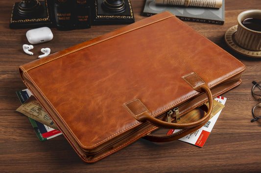 GZRHKJ Oil Wax Leather Portfolio, Padfolio Organizer with Handle, Personalized Padfolio，Padfolio With Zipper for Men Women，Suitable for 15-inch Laptop Legal Pad Padfolio, Brown