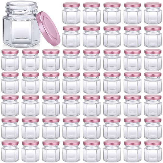 Nuogo 100 Pack 1.5oz Mini Hexagon Glass Jars Bulk for Wedding Small Honey Jars with Lids for Spice Canning Mason Gifts Candy Honey Wedding Party Favors DIY Crafts (Pink)