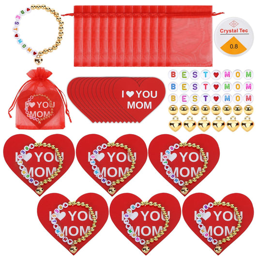 Augshy 24 Sets Mother's Day Bracelet Making Kit, Mom Bracelets DIY Craft Kit Letter Beads Heart Pendants Heart Gift Cards Organza Bags for Mothers Day Gifts Classroom Handcrafted Activity Party Favors