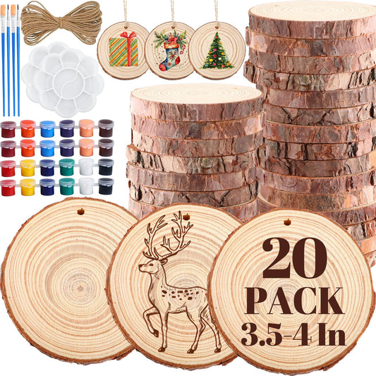 Kathfly 20 Pcs Unfinished Wood Slices with Hole for Centerpieces 3.5-4 Inch Natural Wood Craft Kits Round Wooden Discs with Paints Brushes Palettes for DIY Craft Christmas Ornaments Wedding Home Decor