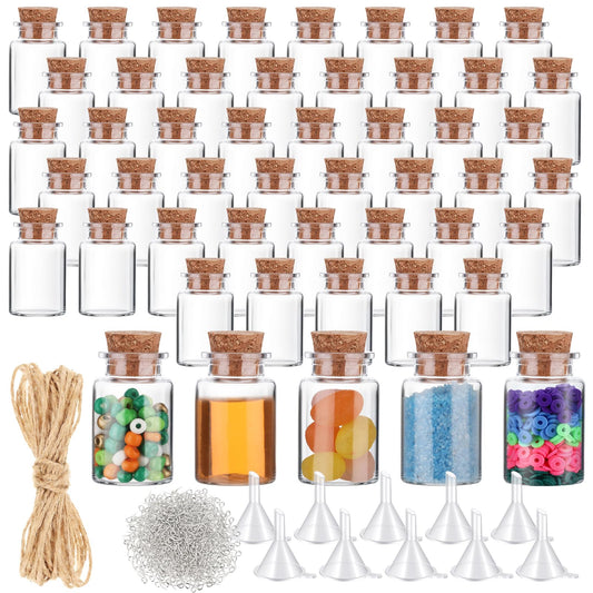 Bokon 50 Packs Mini Plastic Bottles with Corks Stoppers Eye Screws Funnels Small Potion Bottles Tiny Clear Sand Art Jar Wishing Vial for Birthday Party DIY Crafts Gift