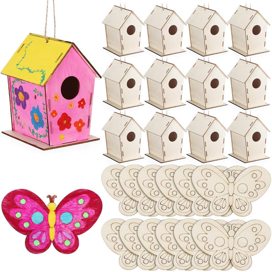 DoubleFill 24 Pack Wooden Bird Houses Bulk, Butterfly Wood Chips for DIY Unfinished Hanging Birdhouse Kits, Wooden Craft Houses to Paint VBS Craft Family Crafts Party Favor