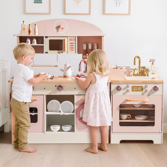 ROBOTIME Wooden Kids Play Kitchen – 4-in-1 Toddler Play Kitchen Set with Fridge, Washer & Dishwasher – Wooden Corner Cooking Playset for Boys & Girls Ages 3+