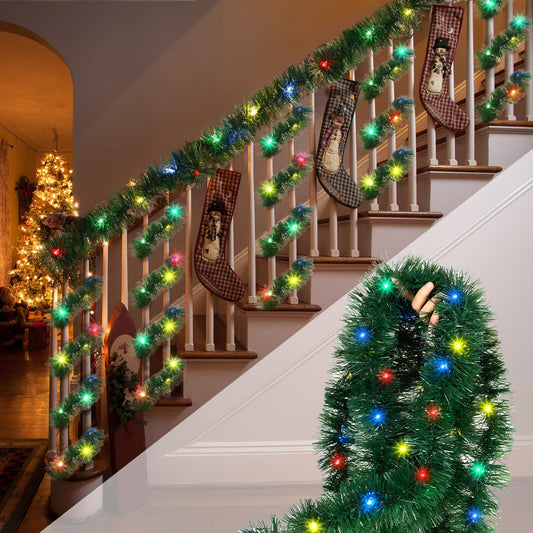 Chuangdi 50 ft Christmas Tinsel Staircase Garland with 150 LED Light Pre-lit Long Battery Operated Christmas Garland for Stairs Railing Fireplace Mantle Indoor Decoration(Green with Colorful Light)