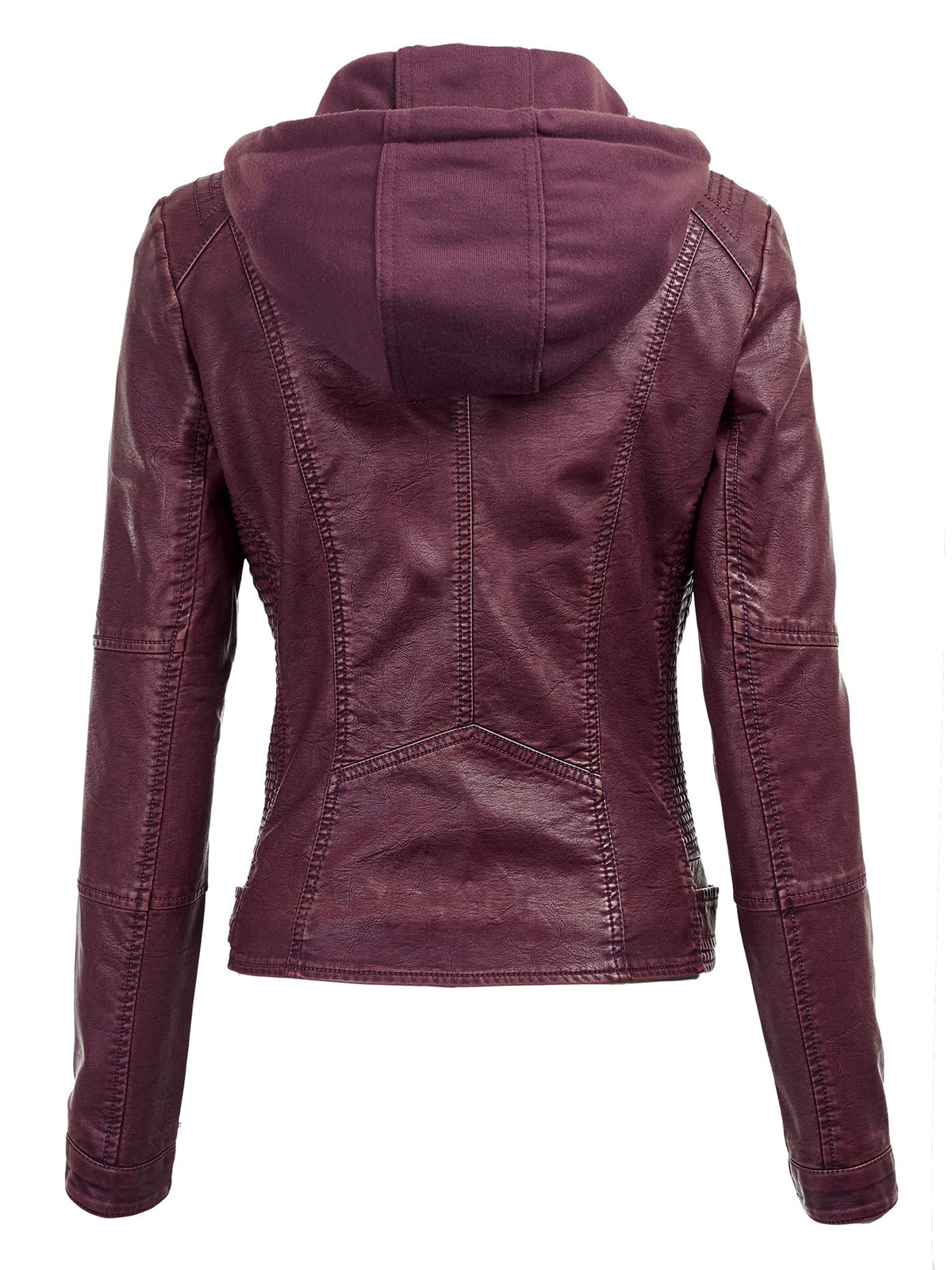 Made By Johnny MBJ WJC1044 Womens Faux Leather Quilted Motorcycle Jacket with Hoodie XS Wine