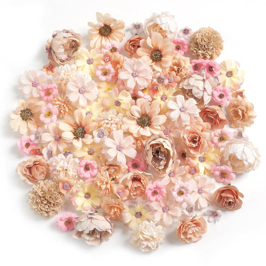 rongflower Faux Flower Heads Champagne Small Silk Artificial Flower DIY Fake Mini Flowers Rose Daisy Multicolor Flowers Craft Supplies for Wedding Party Wreath Graduation Season Party Home Decor
