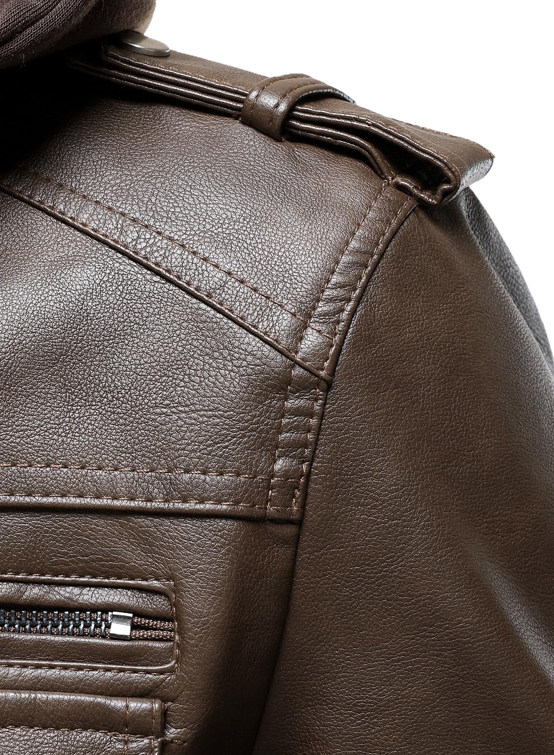 HOOD CREW Men's Faux Leather Hooded Jacket Motorcycle Jackets Water Repellent Windproof PU Moto Vintage Bomber Hoodie Coats Coffee L