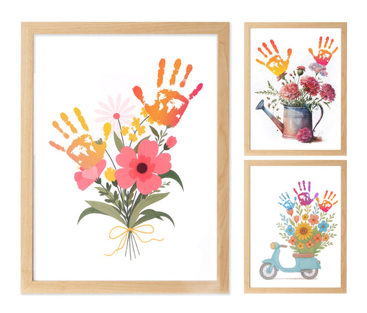 CHERRY CHEERS Flower Bouquet Handprint Art Kit, 3 Special Unique Sheets with Floral Design, DIY Keepsake Craft Gift, Meaningful Christmas or Thanksgiving Gift, 6 Colors Non-toxic Inkpads
