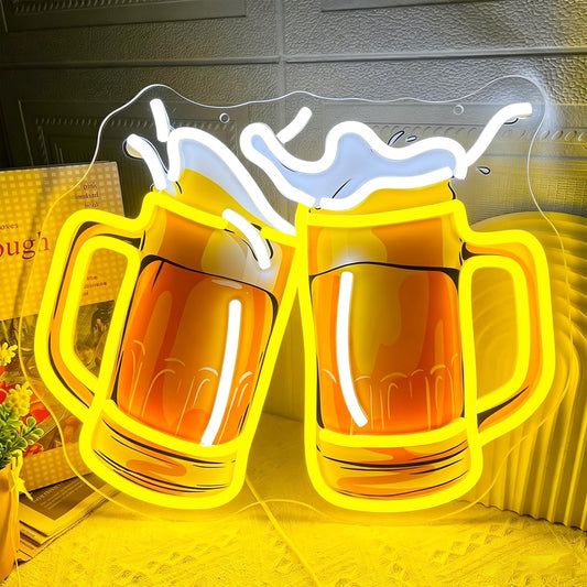 Beer Neon Sign UV Prited Cheers Neon Light Dimmable USB Powered Beers Glass Light Up Sign for Man Cave Bar Pub Store Bedroom Restaurant Club Hotel Party Decor