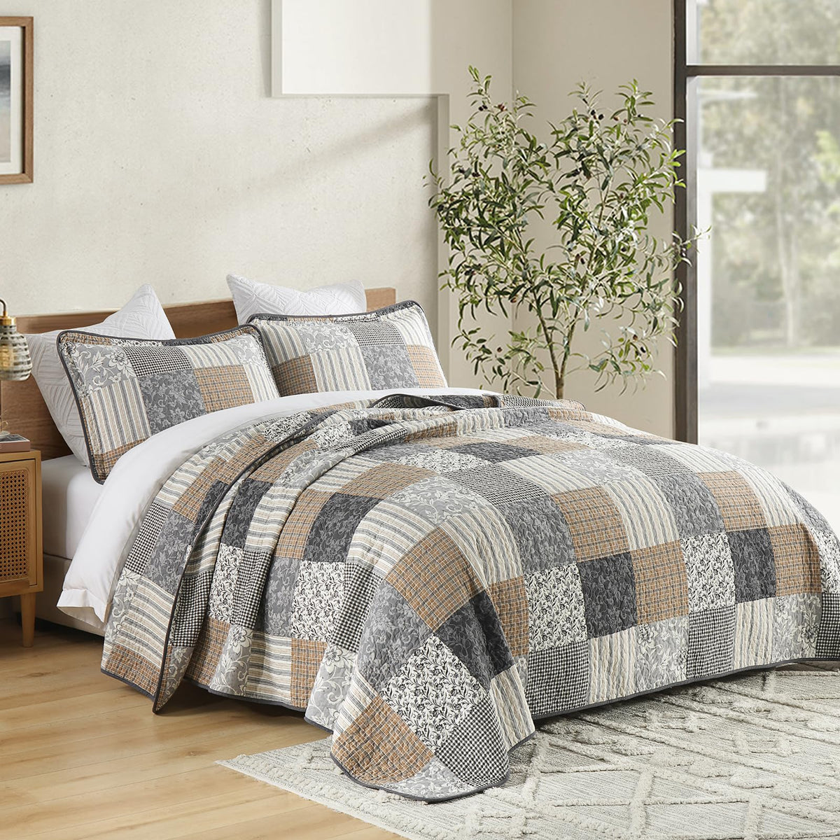 PANGUSHAN 100% Cotton King Quilt Bedding Set, Quilt King Size, Floral Patchwork Quilted Bedspread, Lightweight Comforter King Bed Spread for All Season, 3pcs, Brown/Gray