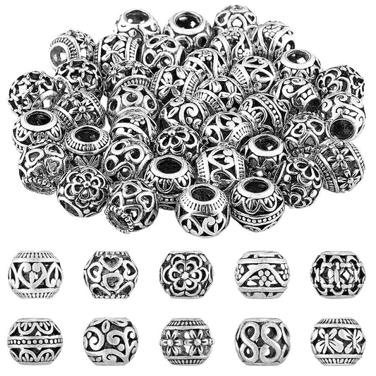 Hicarer 60 Pieces Silver Tone Spacer Loose Beads Hollow Filigree Tibetan Alloy Beads Spacer 10 mm Tiny Metal for Life Design DIY Jewelry Craft Making Necklace Bracelet Supplies