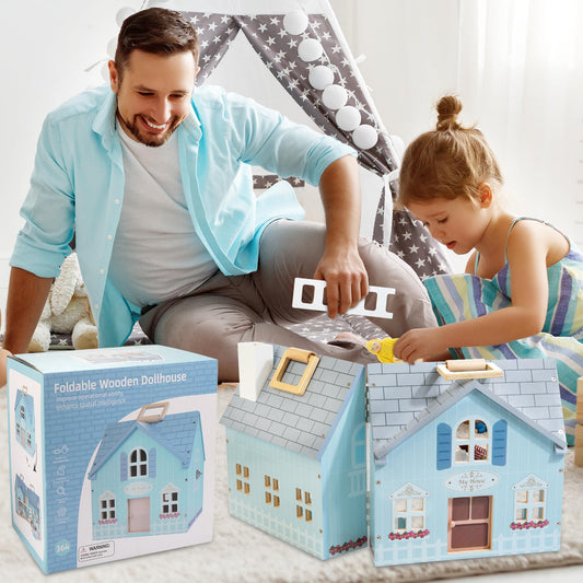 WOODMAM Foldable Wooden Dollhouse with 2 Dolls & Pet Set, 20PCS Furniture Wooden Doll House for Girls Age 3-6, Portable Pretend Play Toy, Christmas Birthday Gift for Toddlers