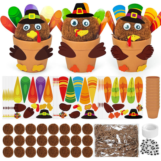 Cinrobiye 24 Set Thanksgiving Turkey Craft Kits DIY Thankful Turkey Flower Pot Making Kit Decorative Turkey Pots Art for School Classroom Activities Home Decoration Festival Gifts Party Favor Supplies