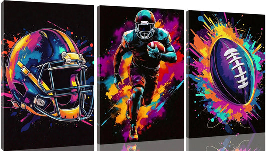 3 Pcs American Football Colorful Wall Art Decor, Rugby Field Stadium Sports Canvas Painting Posters,Graffiti Football Pictures for Boys Room Living Room Bedroom Home Decoration 12*18 in (Poster No Frame)