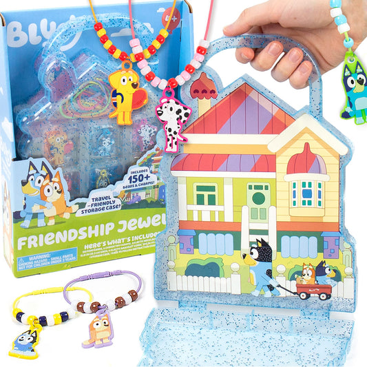 Bluey Friendship Jewelry, Create 4 Charm Bracelets & 2 Charm Necklaces, Includes 150 Beads & 6 Rubber Charms with Storage Case, Gifts for Kids Boys Girls