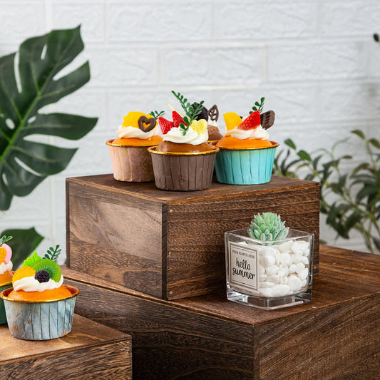 VDEHOM Vintage Brown Square Wooden Cake Stands For Display,Set Of 4 Wood Cupcake Stands Risers, 12 Inches Rustic Wood Crates For Wedding Cake Display, (Vintage Brown)