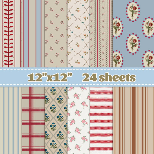 YooNotee 24 Sheets 11.8 x 11.8 Inch Vintage Stripe Style Scrapbook Supplies, Double-Sided Vivid Origami Cardstock Decoupage Floral Decorative Craft Paper for DIY Crafts, Card Making, Art Journaling