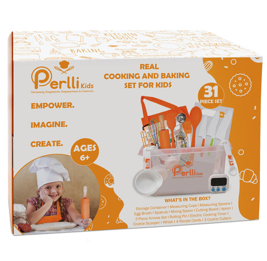 PERLLI Kids Real Cooking Set for Cooking and Baking – 31 Pc. Gift for Junior Chef with Real Utensils, Case & Safe Kids Knife Set for Boys & Girls – Fine Motor Skills & Fun for Children Ages 6+, Orange