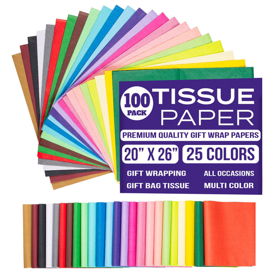 Tissue Paper for Gift Bags - Tissue Paper Bulk | 25 Colors 100 Sheets Colored 20x26 | Crafts, Wrapping, Packaging, Birthday, Holiday