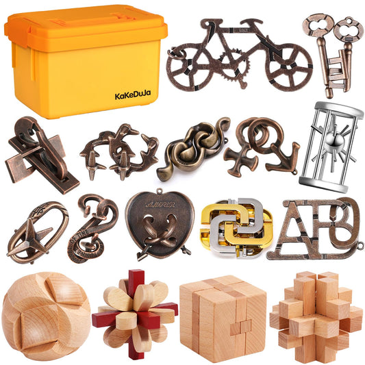 16 PCS Metal & Wooden Brain Teaser Puzzle Set – Challenging Logic & Ring Puzzles for Adults, Entertaining & Thoughtful Gift for Family and Loved Ones