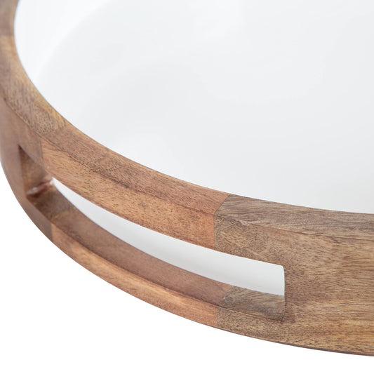Kate and Laurel Ehrens Boho Wood Tray, 15 Inch Diameter, Natural and White, Round Accent Tray for Transitional Decor