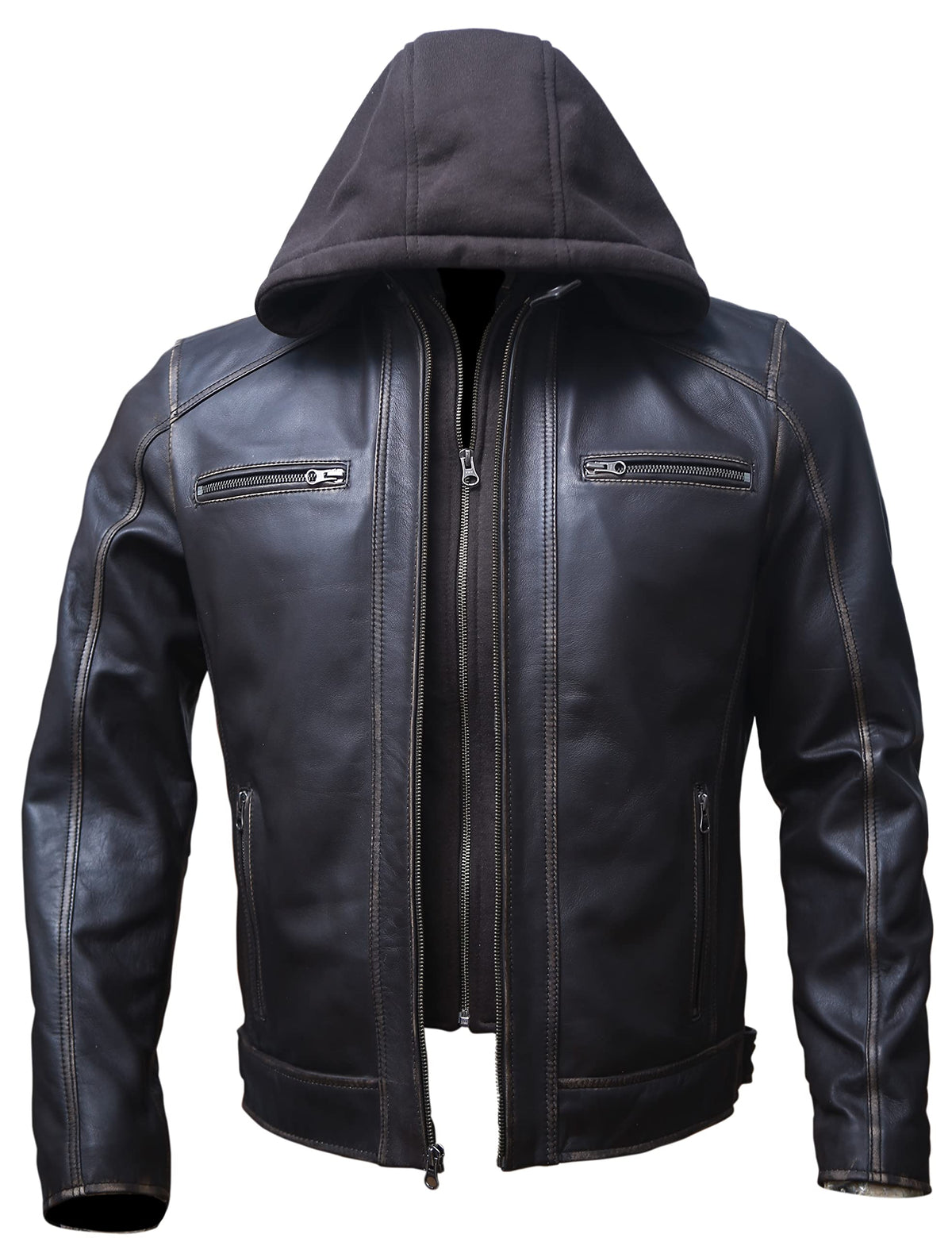 Artistry Mens Genuine Lambskin Leather Motorcycle Jacket with Removable Hood in Black Brown (Large, Distressed Brown)