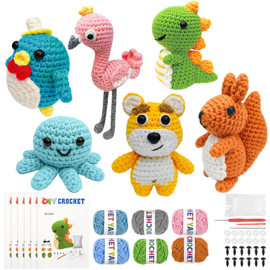 FHFTHYH 6Pcs Crochet Kit for Beginners, DIY Craft for Adults, Great Gift for Crochet Lovers, Crocheting Animal Kits with Step by Step Videos,Yarn,Crochet Hook,Birthday Holiday Gift