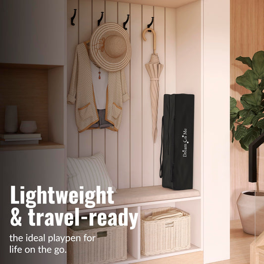 Dream On Me Nest Portable Playard in Black with Carrybag an Shoulder Strap, Lightweight, Packable and Easy Setup Baby Playard, Breathable Mesh Sides and Soft Fabric - Comes with a Removable Padded Mat