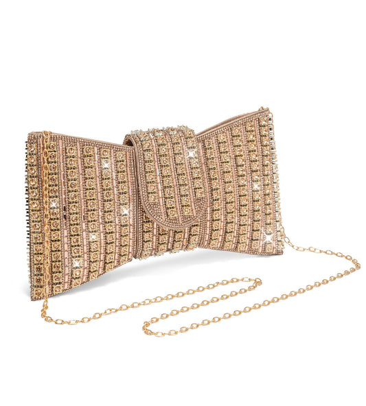 Sweetovo Sparkling Rhinestone Clutch Purse for Women, Elegant Bowknot Shaped Crystal Evening Bag for Wedding Prom Party (B-Champagne Gold)