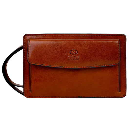 Time Resistance Leather Clutch for Men - Organizer Wrist Bag Briefcase - Handmade in Italy (Cognac Brown) - Gift Box Included
