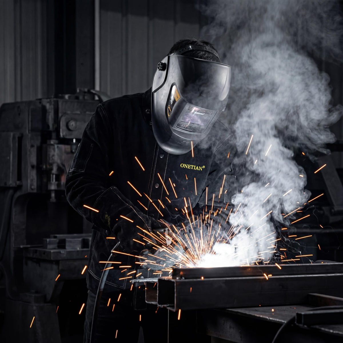 ONETIAN Black Leather Welding Jacket,Flame Heat Resistant (M)