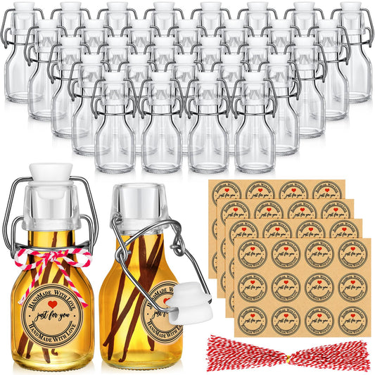 FoldTier 48 Pcs Mini Flip Top Glass Bottle Flip Top for Homemade Vanilla Limoncello Extract Bottles with Caps Stickers for Holiday DIY Crafts Wedding Baby Shower Favors(2 oz)