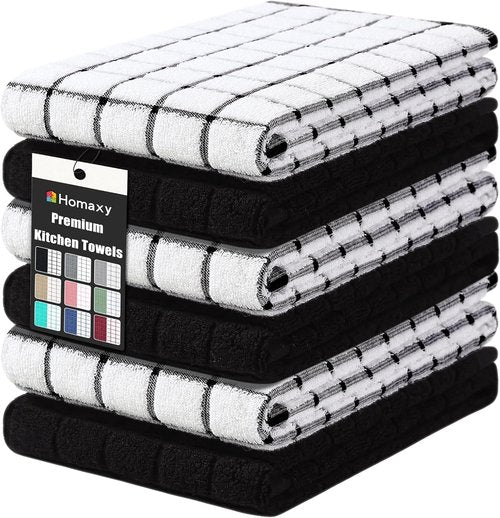 Homaxy Premium Cotton Kitchen Towels - Super Absorbent 390 GSM Dish Towels | 16"x28", Black Check Design, 6 Pack