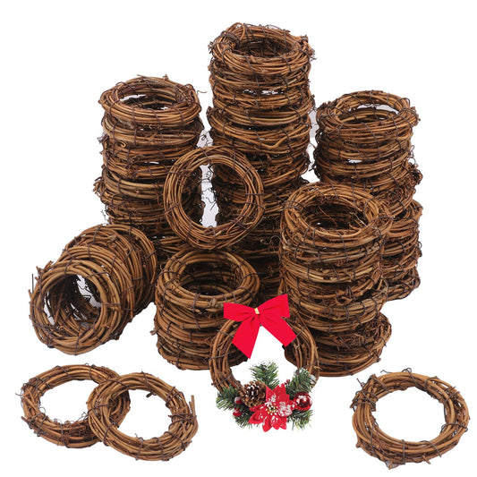 Yiksonyo 70 Pcs 2.4 Inch Natural Grapevine Wreath Set, Natural Rattan Wreath,Hand-Woven 2.4 Inch Vine Branch Wreaths, Perfect for DIY Crafts, Christmas Decorations, and Wedding Supplies