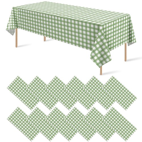 12Pack Sage Green Plastic Checkered Tablecloth, Premium Decorative Disposable Sage Green Gingham Plaid Table Cloths for Parties, Rectangle Party Table Cover for Picnic Birthday Wedding, 54x108 Inch