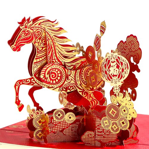 BIZIBAFF 3D Pop-Up Chinese New Year Card & Decorations 2026 - Year of The Horse - Handmade Lunar New Year Greeting Cards with Envelope, Unique Spring Festival Gifts for Family & Friends