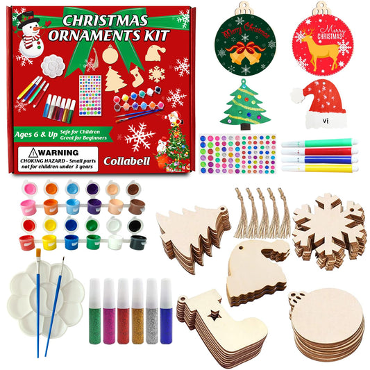 Collabell Christmas Wooden Painting Craft Kit, Paint Your Own Xmas Ornaments, Unfinished Wood Slices Christmas Crafts for Kids Adults, Art and Craft Supplies for Christmas Tree Hanging Decorations