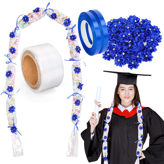 Whaline Graduation Candy Lei Making Kit, Blue DIY Graduation Wreath 26.2Ft Candy Lei Tubing Bags 50Pcs Flower Pieces 3 Roll Ribbons Congrats Grad Necklace for Grad Party Craft Favor