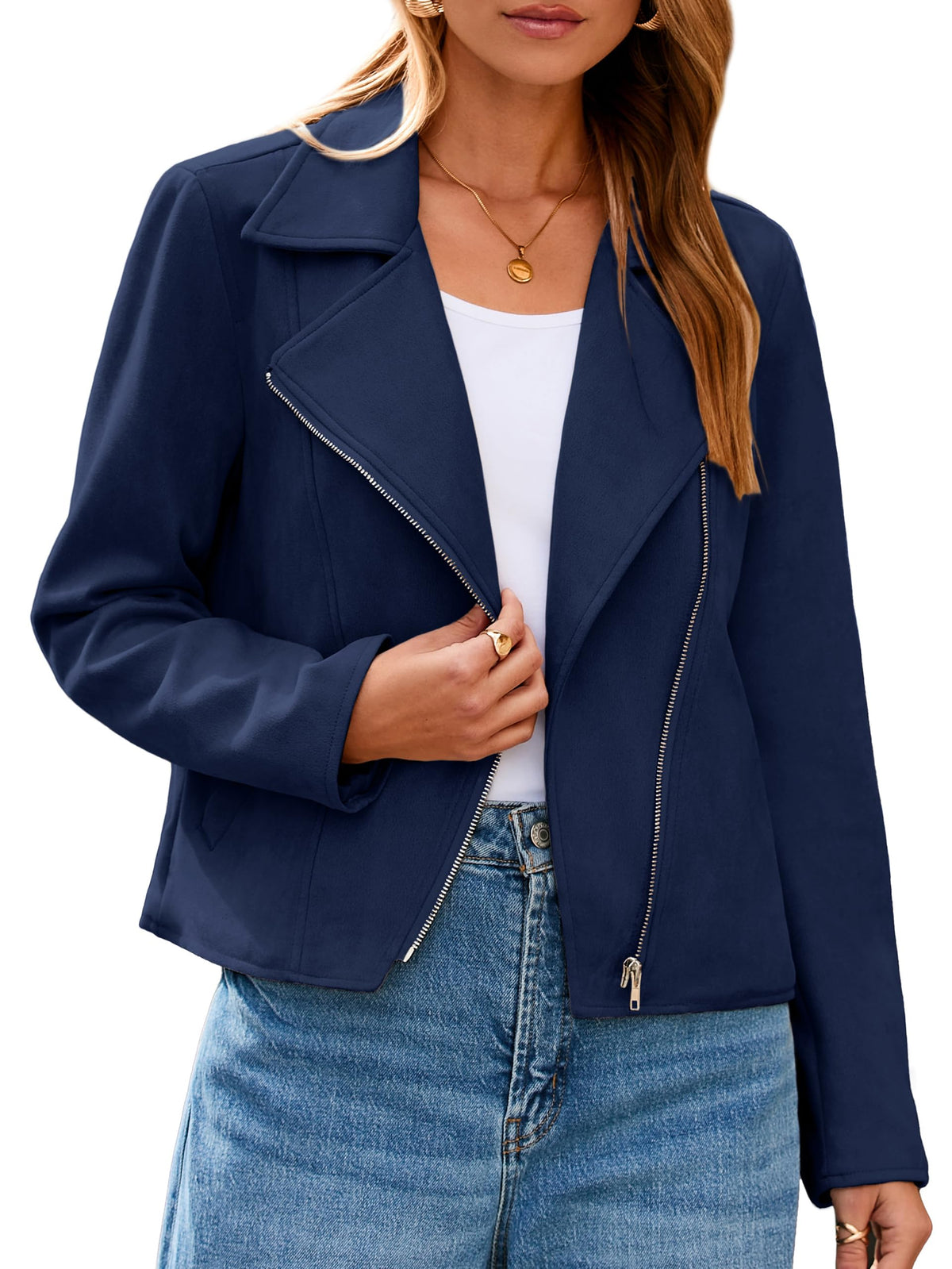 Glamaker Womens Faux Suede Jackets Long Sleeve Casual Cropped Zipper Biker Moto Jacket Fall Winter Outfits(Navy Blue,Small)