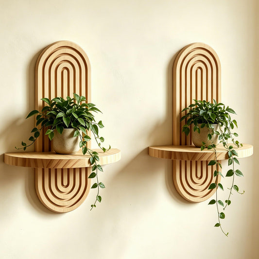 2 Pack Boho Wall Decor Shelf, Solid Wood Arched Wall Shelves, 11.8" X 7.8" Rustic Wall Mounted Shelves for Indoor, Wall Plant Holder for Succulents & Mini Plant Pots (Natural, 11.8" X 7.8")