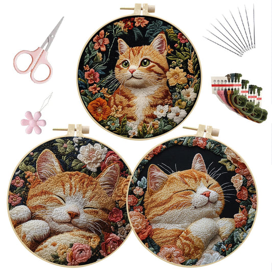 LB Orange Cat Embroidery Kit for Beginners Adults, 3 Sets Hand Embroidery Starter Kit with Floral Pattern and Instructions Stamped Cross Stitch Kits Include Embroidery Hoop Needles Threads Scissors