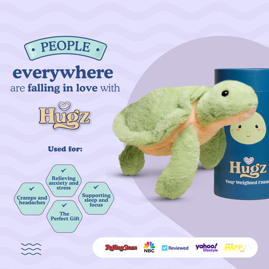 Hugz Official Shelly The Turtle - Premium Weighted Stuffed Animal Plushie 3.8 lb for Adults & Kids - Microwavable – Heatable & Coolable – Super Soft Fur – Gift Ready Tube Packaging