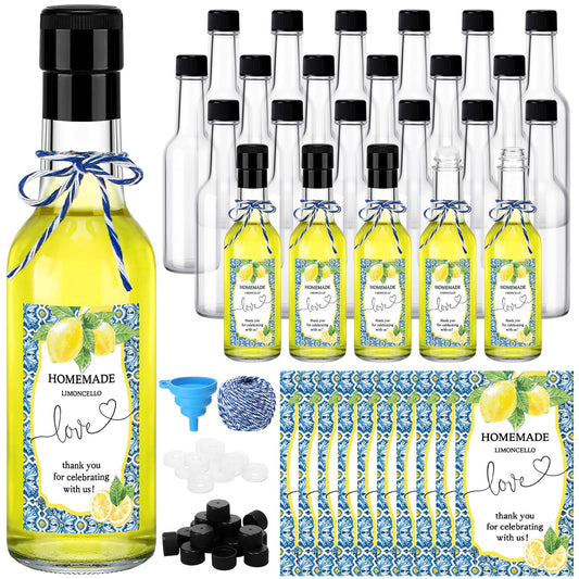 Reallnaive 30 Sets 5 oz Mini Limoncello Glass Bottles with Italian Lemon Stickers Lids and Funnel Capri Lemon Party Favors for Homemade Brewing Beverages Amalfi Coast Wedding Holiday DIY Craft