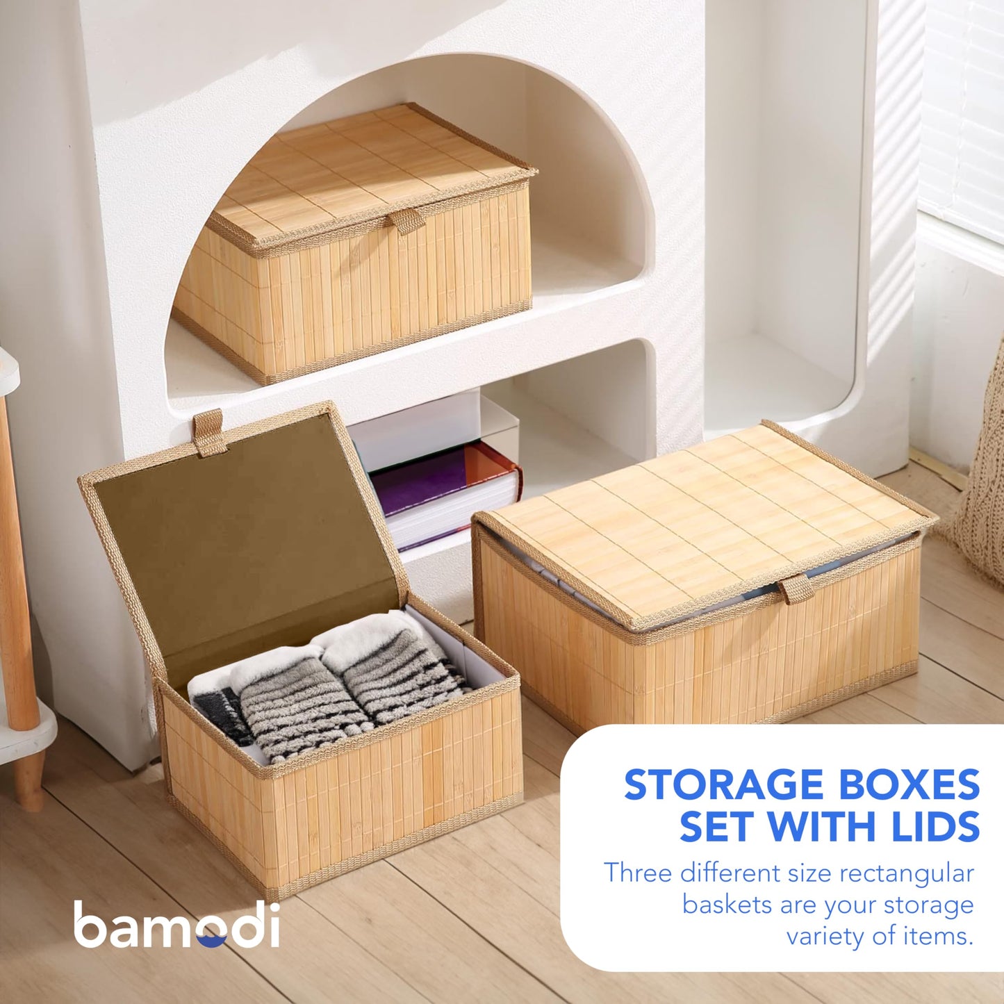 Bamboo Decorative Storage Boxes With Lids - Nesting Rectangular Lidded Box for Organization - Stackable Basket with Cloth Liner - Organizer for Toys, Home, Office - Woven Basket - Set of 3